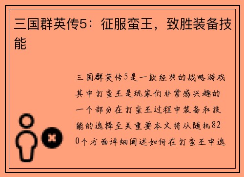 三国群英传5：征服蛮王，致胜装备技能
